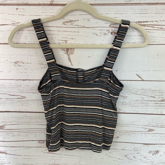 American Eagle S Black Stripe Ribbed Knit Button Up Square Neck Tank Top - Picture 4 of 6